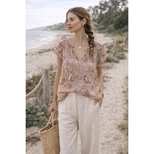 Misa Los Angeles Sheer Blouse Floral Feminine Top Delicate Going Out Large